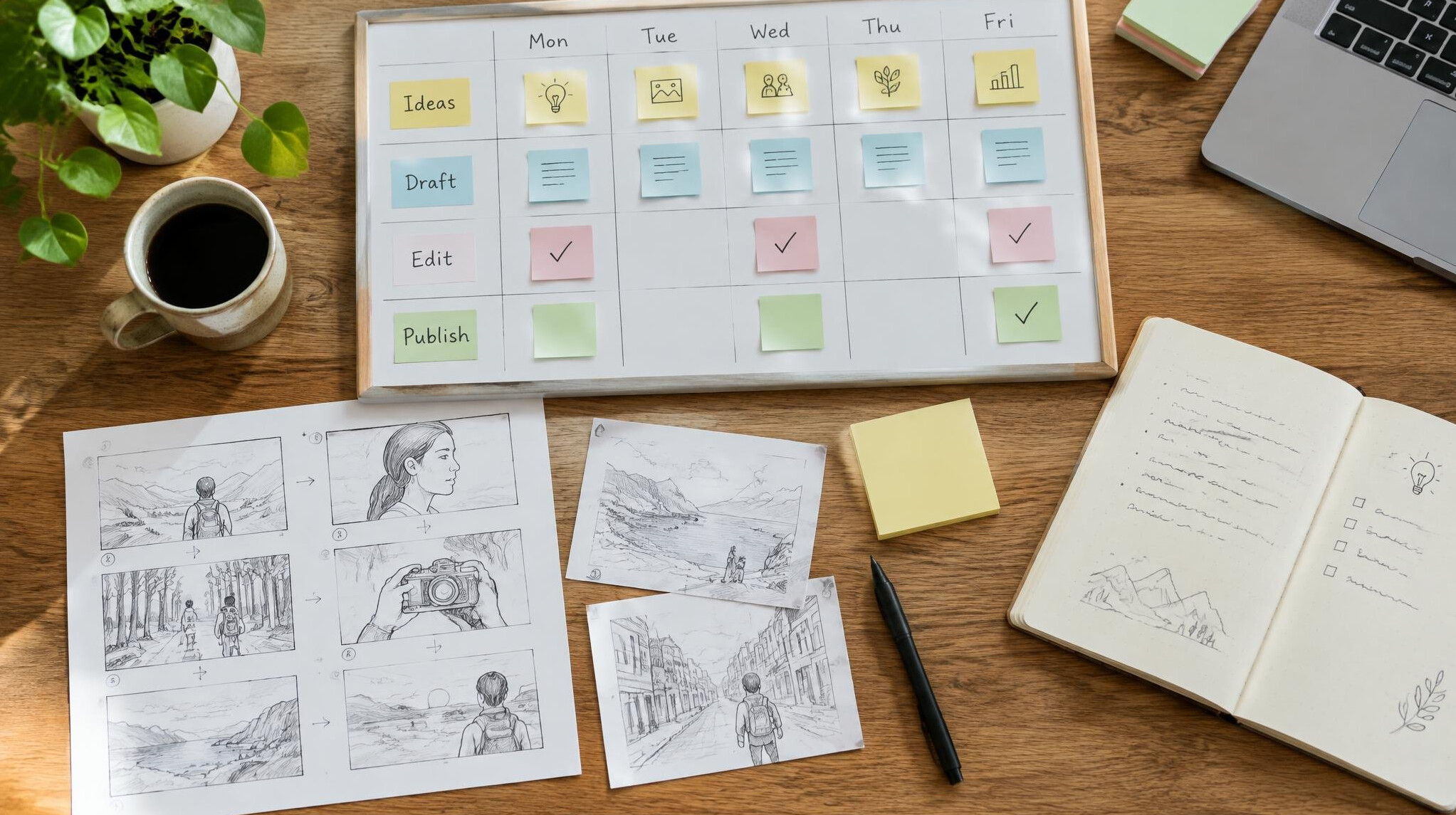 Editorial planning notes and storyboard on a desk