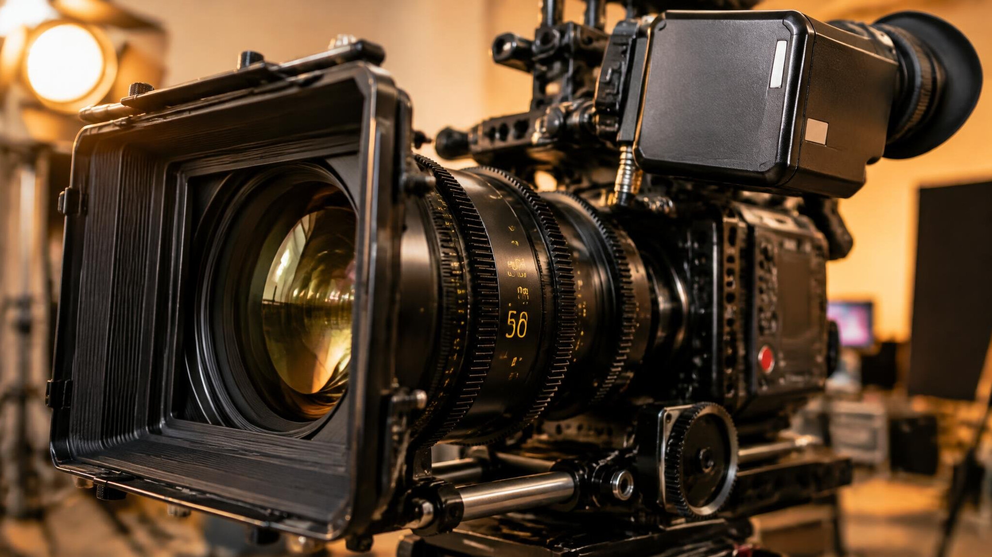 Camera lens framing a shot in a studio